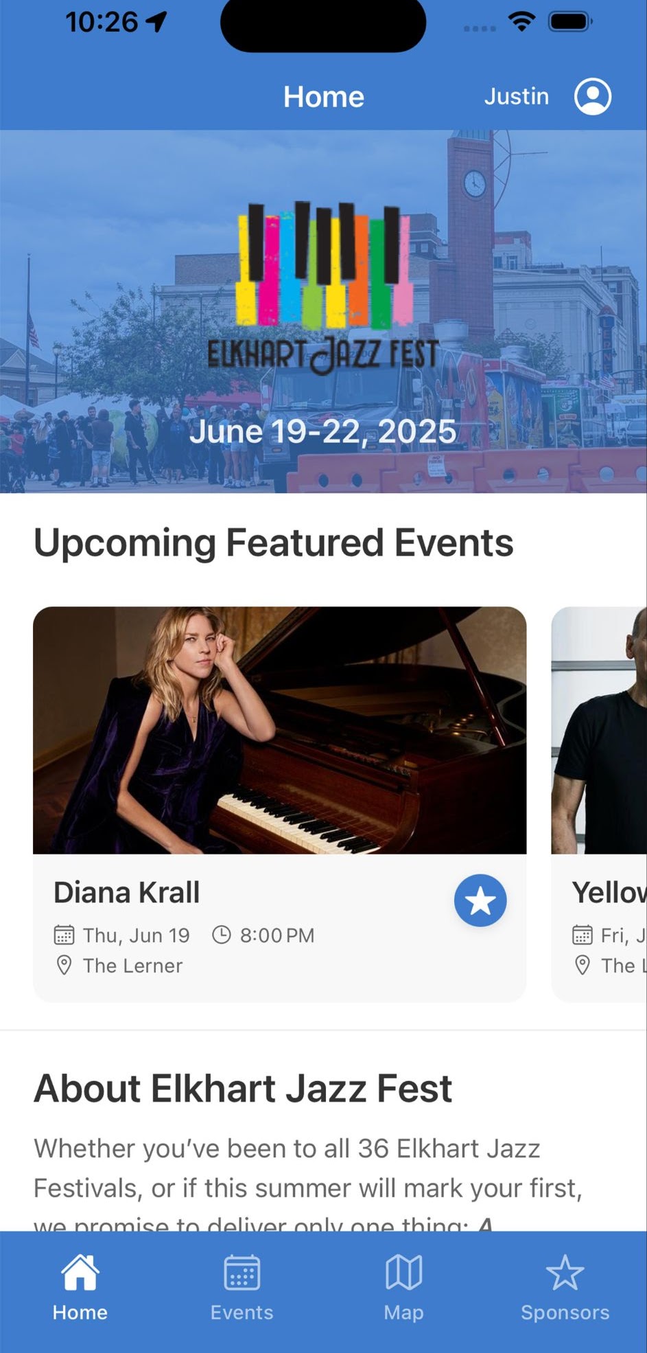 A screen shot of Jazz Fest App's Home screen showing featured events