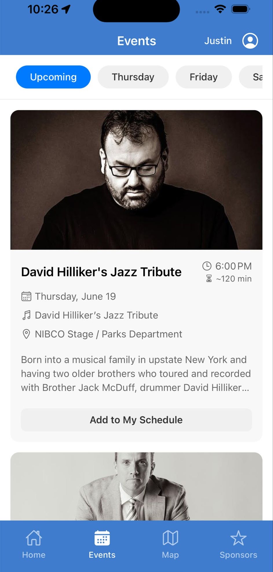 A screen shot of Jazz Fest App's Event Screen
