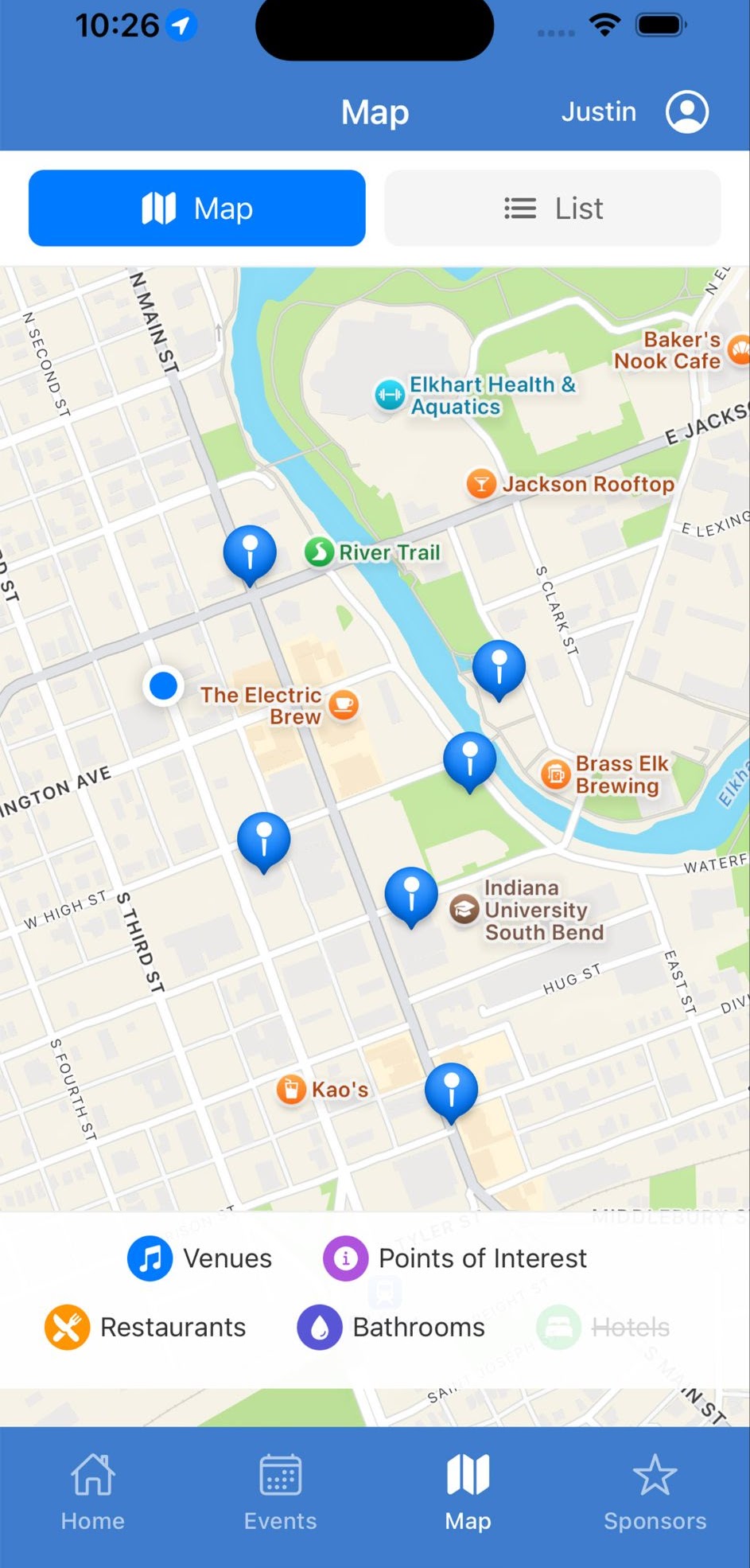 A screen shot of Jazz Fest App's Map Screen showing venues